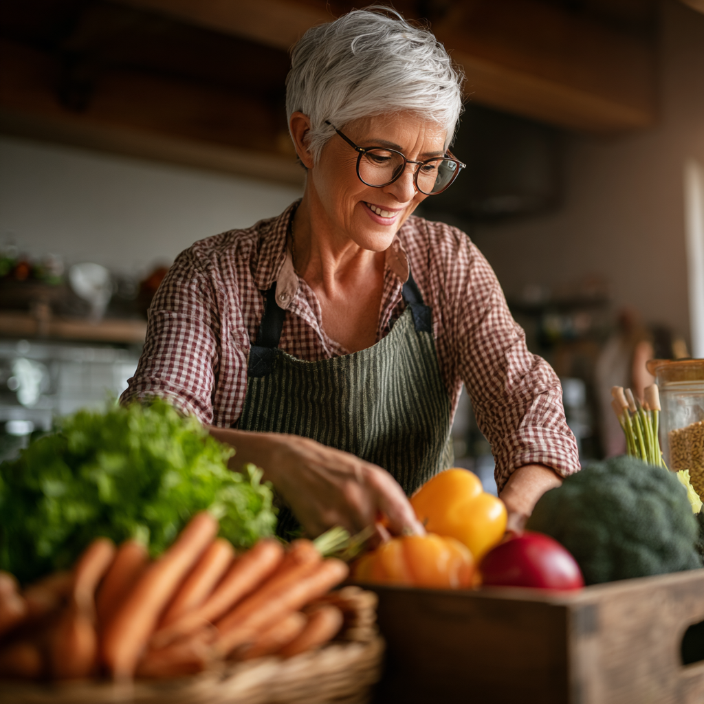 Middle-aged woman organizing fresh vegetables and whole grains for weekly meal preparation
