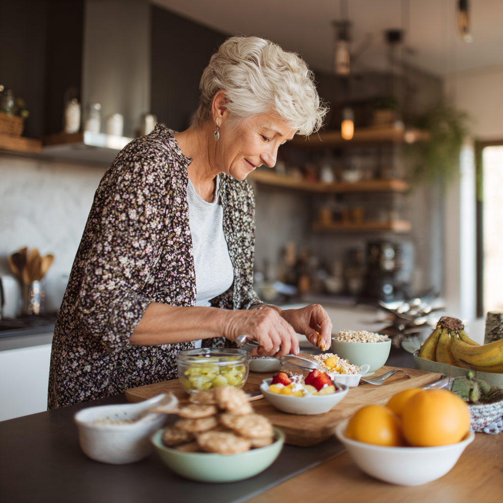 Older adult preparing balanced breakfast with whole grains and fresh fruits in modern kitchen